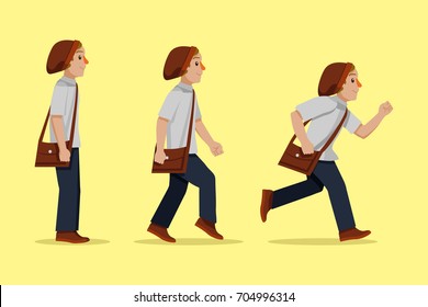 Man grey tees work hat running men step walk to run backpack, jeans