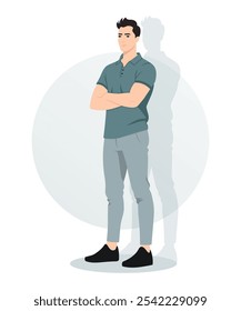 Man in grey-blue t-shirt and dark grey trousers with relaxed pose and crossed arms. Modern, minimalist style for a calm look.