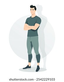 Man in grey-blue t-shirt and dark grey trousers with relaxed pose and crossed arms. Modern, minimalist style for a calm look.