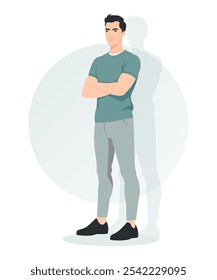 Um homem com uma camiseta cinza-verde e calças escuras com os braços cruzados e uma pose relaxada. Estilo confortável e casual adequado para homens modernos.