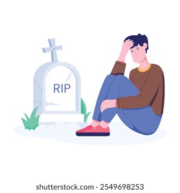 Man in grief sitting in graveyard and remembering, flat illustration 