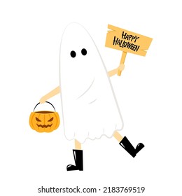 Man or gril wearing white spirits disguised as ghosts in the Halloween festivities. character design vector illustration. Cute ghost cartoon.