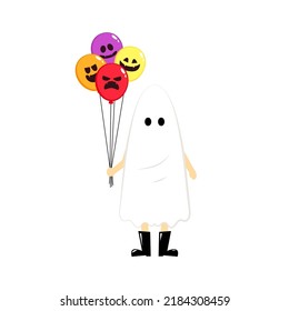 Man or gril wearing white spirits disguised as ghosts in the Halloween festivities. character design vector illustration. Cute ghost cartoon. Halloween balloon.