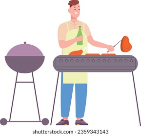 Man grill meat on barbecue. Person cooking outdoor isolated on white background