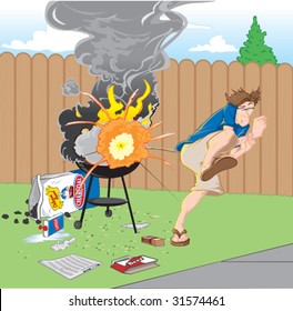 Man with grill on fire illustration.