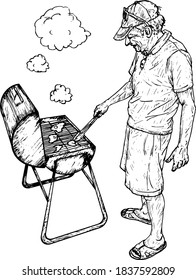 A Man Grilles His Food On A Barbecue Grille Pit. Hand Drawn Vector Illustration.