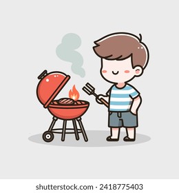 Man grilling barbeque steak meat over high heat faceless vector illustration concept	