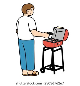 Ein Mann, der Grillbug macht. Camping Konzept, Einfach Stil, Vektorgrafik.