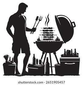 Homem grelhando kebabs com bebidas e comida mais fria churrasco