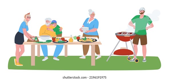 Man is grilling meat. Grandma sets the table. Woman is cooking. Grandpa hugs a little boy. Family on a picnic in the yard. Family concept. Flat vector illustration. Eps10