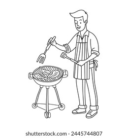Man Grilling Meat on BBQ Grill