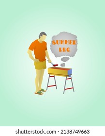 A Man Grills A Burger Patty On A Barbecue Pit At An Outdoor Picnic With The Message Summer BBQ. Hand Drawn Vector Illustration.