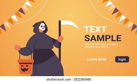 man in grim reaper costume happy halloween holiday celebration concept portrait horizontal copy space vector illustration