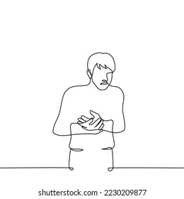 man with a grimace on his face holds his stomach - one line drawing vector. concept sick stomach, acute pain