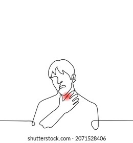 man grimaced in sore throat - one line drawing vector. throat, trochea or neck disease concept. the patient grabbed his neck in which the lesion is indicated in red 