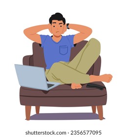 Man Grimacing, Hands Over Ears, Laptop Displaying Fake News Headline. Frustration And Disbelief Evident In His Expression As He Shields Himself From False Information. Cartoon Vector Illustration