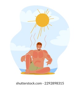 Man Grimacing In Pain From Sunburn On Beach, Red And Inflamed Skin, Seeking Relief And Shade From The Scorching Sun. Male Character Injured with Sun Rays. Cartoon People Vector Illustration