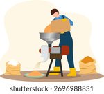 Man grinding grain or feed in an electric mill, pouring raw materials like oat into grinder machine vector illustration, agricultural worker grinding material
