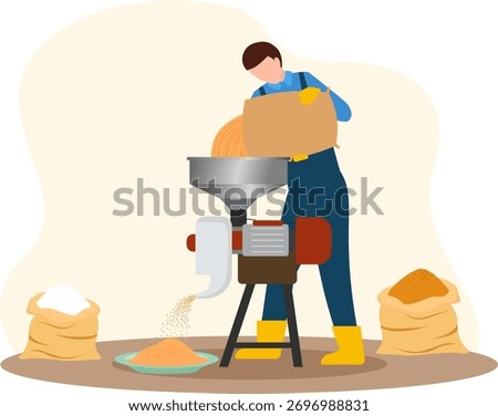 Man grinding grain or feed in an electric mill, pouring raw materials like oat into grinder machine vector illustration, agricultural worker grinding material