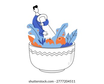 Man grinding herbs and fruit with a pestle vector illustration. Natural medicine, herbalism, organic skincare, healthy nutrition, homeopathy, wellness. Person crushing plants in a ceramic bowl