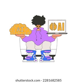 Man gripping AI brain in hand, vector graphic.