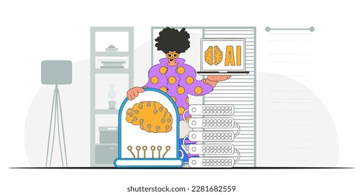 .Man gripping AI brain, modern design, vector image.