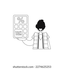 Calculadora de agarre de hombre en imagen vectorial lineal.