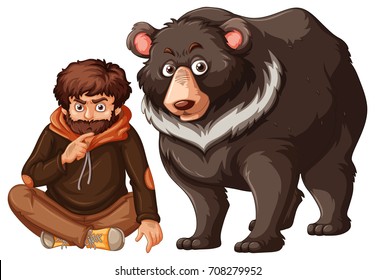 Man and grizzly bear on white background illustration