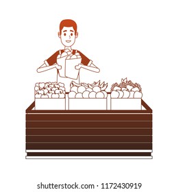 Man with groceries on wooden boxes orange lines