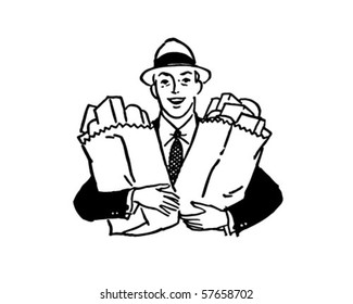 Man With Groceries - Retro Clip Art