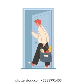 Man with grocery bag enters the door, flat cartoon vector illustration isolated on white background. Man bringing food home or helping elderly people as volunteer.