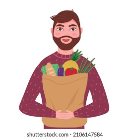 Man with grocery bag. Vector Illustration for printing, backgrounds, covers, packaging, greeting cards, posters, stickers, textile and seasonal design. Isolated on white background.