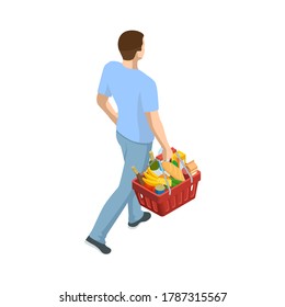 Man with grocery basket cart from supermarket on white isolated background. Isometric shopping market basket with variety of grocery products Back view.