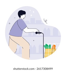 Man grocery shopping with cart illustration. Man pushing a shopping cart filled with groceries like a paper bag, vegetables, and a bottle