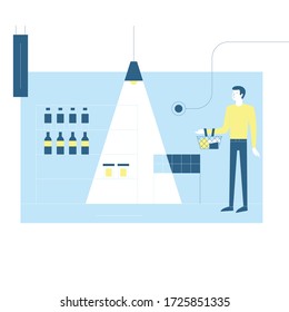 
The man at the grocery store makes purchases, chooses different products. Flat vector illustration. Shopping.