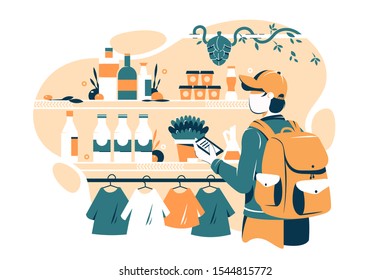 Man in grocery store vector illustration. Guy in jacket and cap with backpack standing near rack and choosing goods by list in smartphone at food market flat style concept