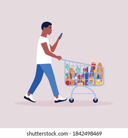 Man with grocery trolley with different foods, beverages and bottles. Colorful flat vector drawing.