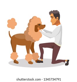 Man with Groomed Poodle Cartoon Design Element. Human with Domestic Animal Vector Drawing. Dog Owner Isolated Character. Grey Haired Guy Playing with Pet Flat Clipart. Friendship, Animal Care