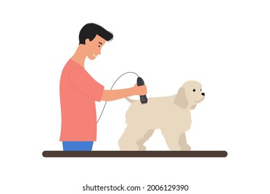 Man grooming cute white puppy with trimmer. Scene with caring of pet, cutting fur. American cocker spaniel dog. Beauty salon for domestic animals. Flat Vector illustration isolated on white background