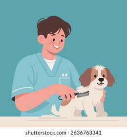 Man grooming a dog with a comb in a veterinary clinic setting