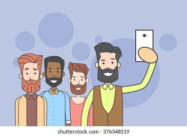 Man Group Hipster Taking Selfie Photo On Smart Phone Vector Illustration