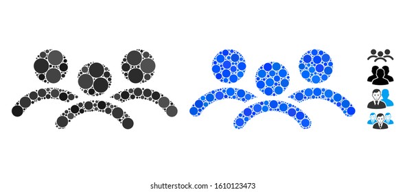 Man group mosaic of round dots in various sizes and color tints, based on man group icon. Vector round dots are united into blue composition. Dotted man group icon in usual and blue versions.