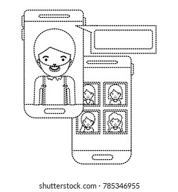 man and group social network chat in smartphone in monochrome dotted silhouette