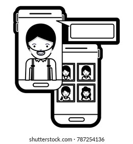 man and group social network chat in smartphone in black silhouette with thick contour