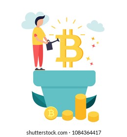Man growing bitcoins in the pot. Concept design for cryptocurrency mining