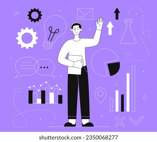 Man with growing chart line concept. Young guy with graphs and diagrams. Statistics and infographics, analytics. Investor and trading work with information. Linear flat vector illustration