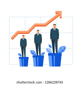 Man growing in flowerpot. Flat design vector illustration concept for career, professional growth, personal development, coaching, human resource management isolated on white