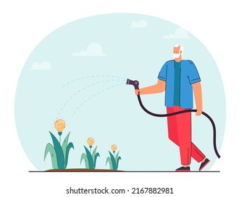 Man growing ideas. Bearded male character watering lightbulb flowers symbolizing ideas. Startup, creativity concept for website or landing page