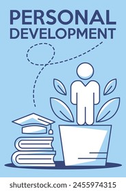 Man growing like a flower from a pot, stack of books, academic cap. Self improvement, education, increasing knowledge, personal development. Vector minimalist poster, a4 format. For banner, cover, web