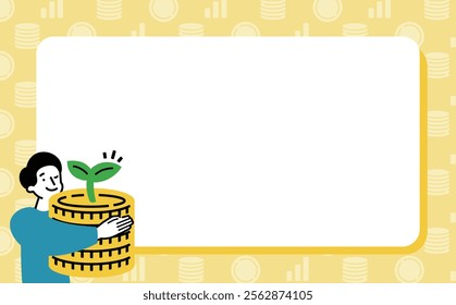 A man with growing money: A background frame of savings holding heavy money and growing investment and savings	